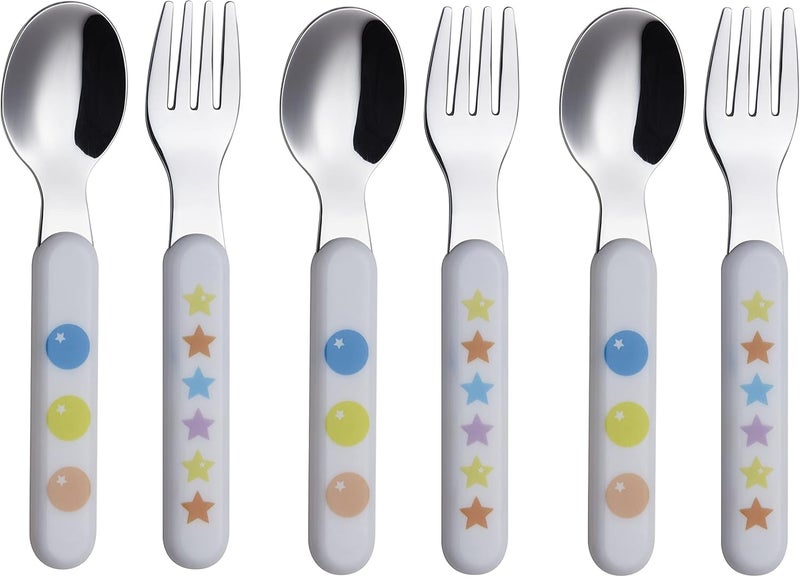 Exzact Kids Flatware 6pcs Stainless Steel 18/10 Toddler Utensils Flatware- 3 x Forks, 3 x Spoons- BPA Free, Dishwasher Safe - 12 M+ - Stars & Dots - Image 1